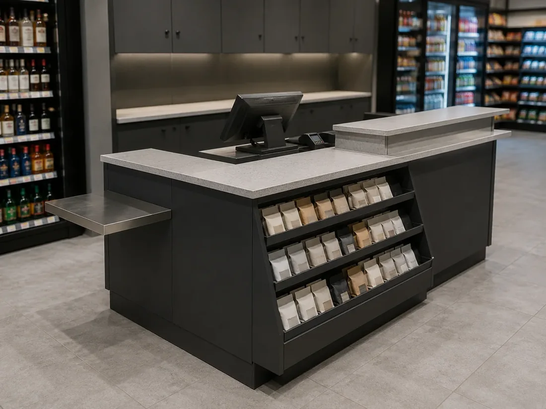 Mueble de caja con estructura metálica y exhibidor de impulso