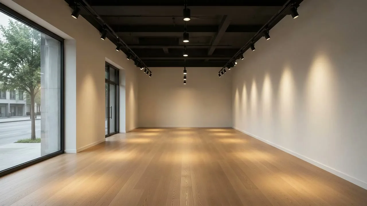 Local comercial vacío con piso terminado e iluminación, listo para recibir mobiliario